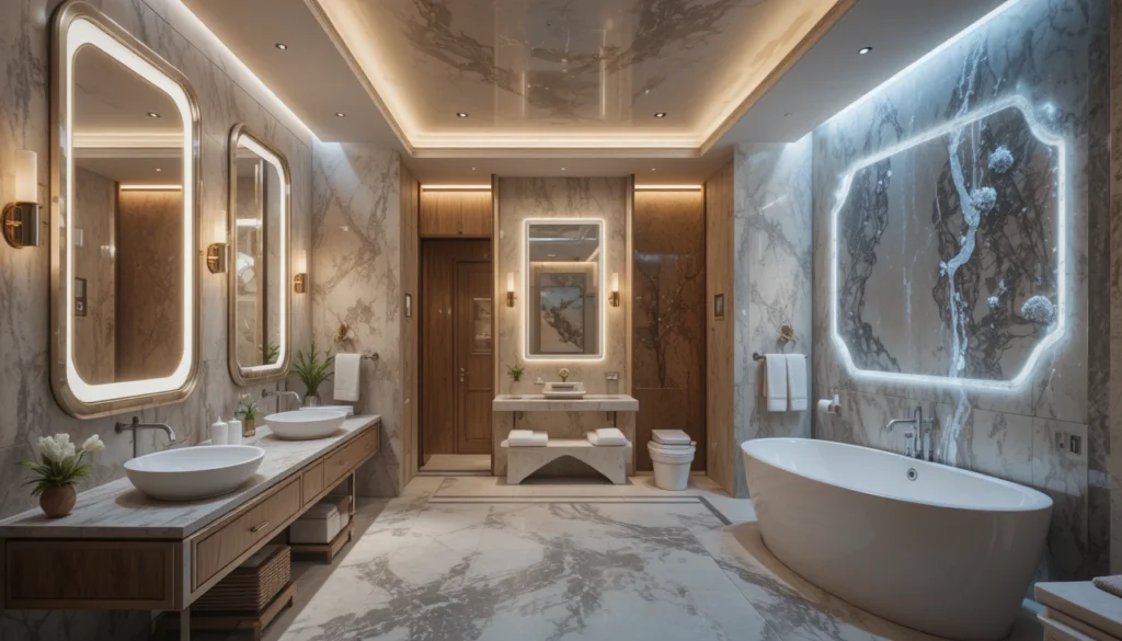 Luxury Bathroom & Shower Design Ideas 5 Luxury bathroom with ambient lighting that creates a calm and relaxing mood.