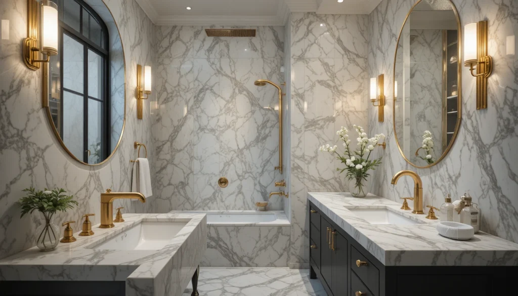 Luxury Bathroom & Shower Design Ideas 7 Luxury bathroom with statement fixtures, gold finishes, and bold stylish design