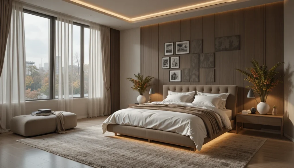Furniture Choices That Maximize Comfort and Style 4 Modern bedroom with a plush bed, warm lighting, and cozy décor for maximum comfort.
