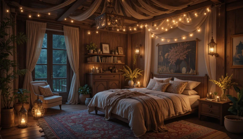 Boho Bedroom Ideas: Create a Relaxed & Stylish Retreat 5 Boho bedroom with cozy lighting including fairy lights and lanterns.