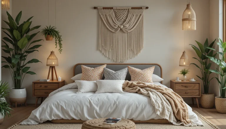 Stylish boho bedroom with layered textures, plants, and warm lighting for a cozy retreat.