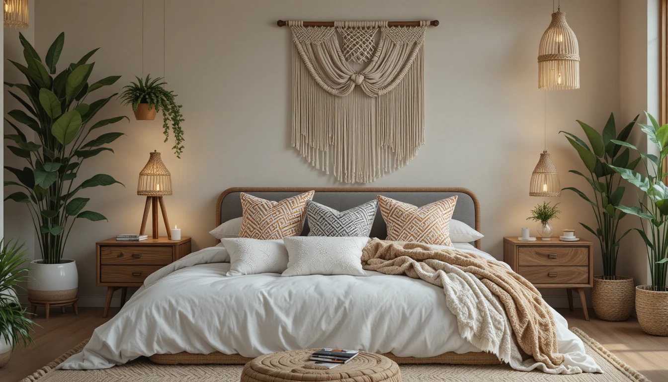 Stylish boho bedroom with layered textures, plants, and warm lighting for a cozy retreat.