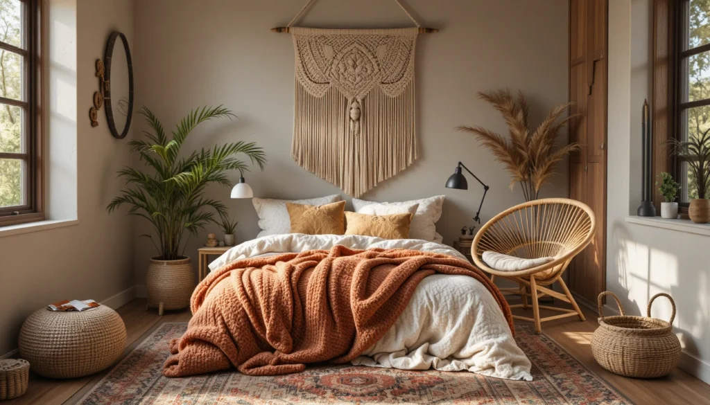 Boho Bedroom Ideas: Create a Relaxed & Stylish Retreat 2 Cozy boho bedroom with layered textures including macramé, throws, and rugs for warmth.