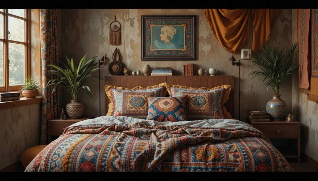 Boho Bedroom Ideas: Create a Relaxed & Stylish Retreat 3 Boho bedroom decorated with colorful patterned cushions and earthy tones.
