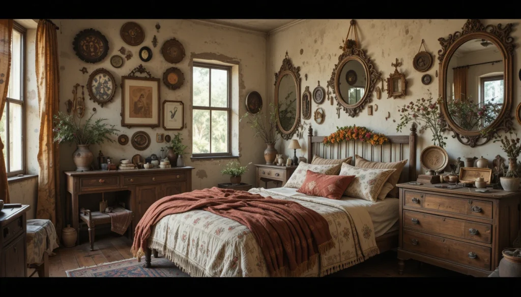 Boho Bedroom Ideas: Create a Relaxed & Stylish Retreat 6 Boho bedroom with vintage decor, handmade pottery, and unique furniture.