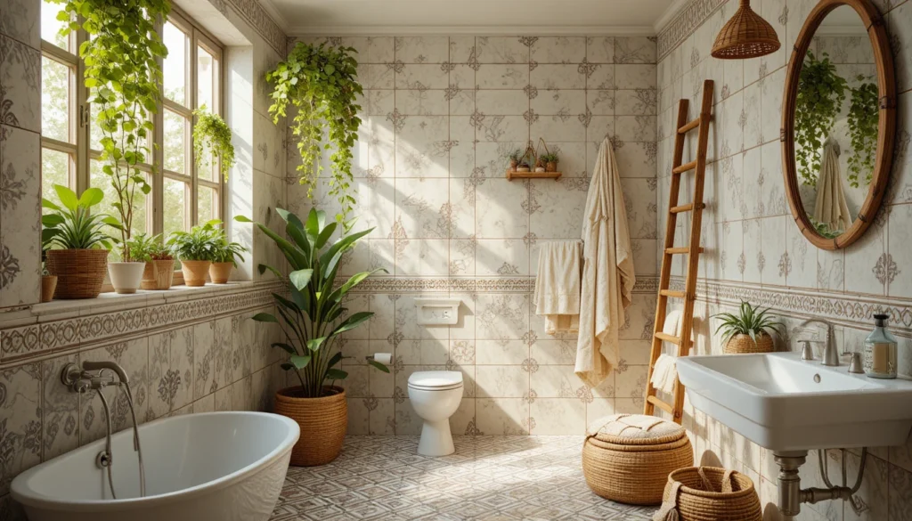 Boho chic hyper realistic bathroom with patterned tiles and greenery.