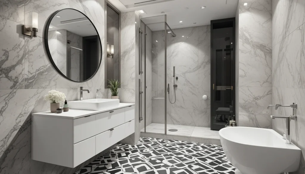 Hyper realistic bathroom with bold patterned floor tiles.