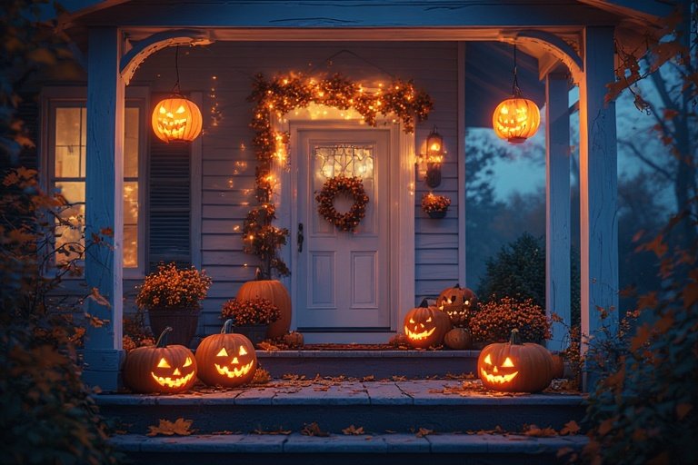 A cozy Halloween porch with ghost lanterns and pumpkins, glowing warmly in autumn décor