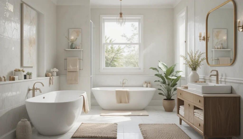 Apartment Bathroom Ideas: Stylish & Space-Saving Inspiration 4 Rustic apartment bathroom with clawfoot tub, wooden vanity, and a woman folding towels in a cozy, warmly lit space.