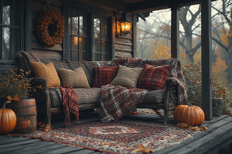 Cozy Halloween Porch with Ghost Lanterns and Pumpkins 4 Cozy seating with fall textiles, plaid blankets, and pillows on a decorated porch.