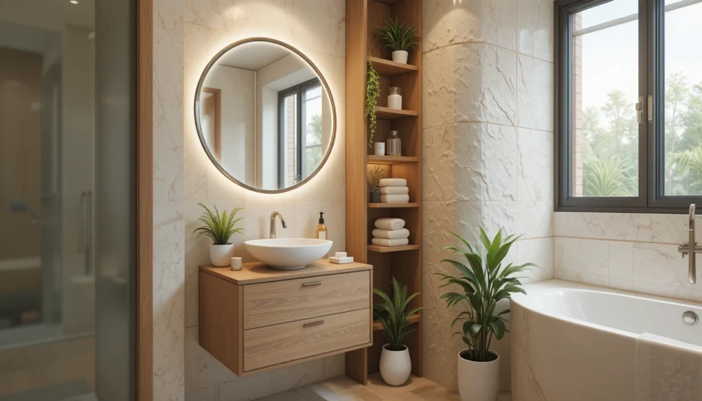 Cozy small hyper realistic apartment bathroom with plants and shelving.