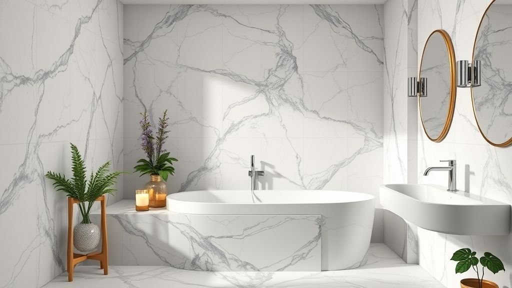 Luxury Bathroom Design with Marble Elegance 8 Decorative accents and greenery in a marble luxury bathroom.