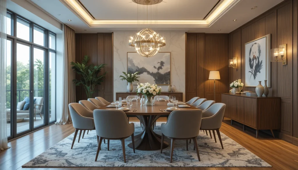 Furniture Choices That Maximize Comfort and Style 6 Elegant dining room with a modern table, stylish chairs, and warm lighting.