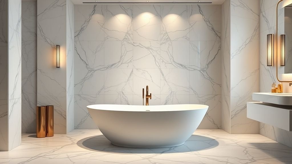 Luxury Bathroom Design with Marble Elegance 3 Freestanding bathtub as the centerpiece in a marble luxury bathroom.