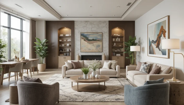 Modern living space with furniture choices that maximize comfort and style, featuring cozy seating and elegant décor.