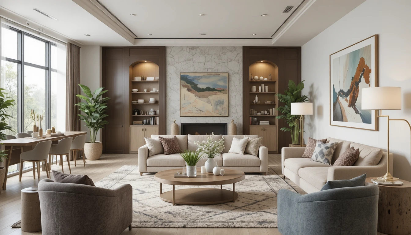 Modern living space with furniture choices that maximize comfort and style, featuring cozy seating and elegant décor.