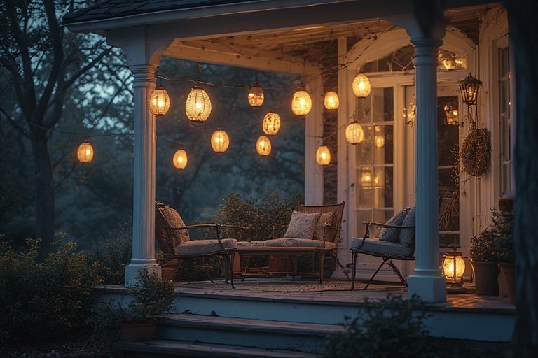 Cozy Halloween Porch with Ghost Lanterns and Pumpkins 3 Hanging ghost lanterns creating a playful glow on a decorated fall porch.