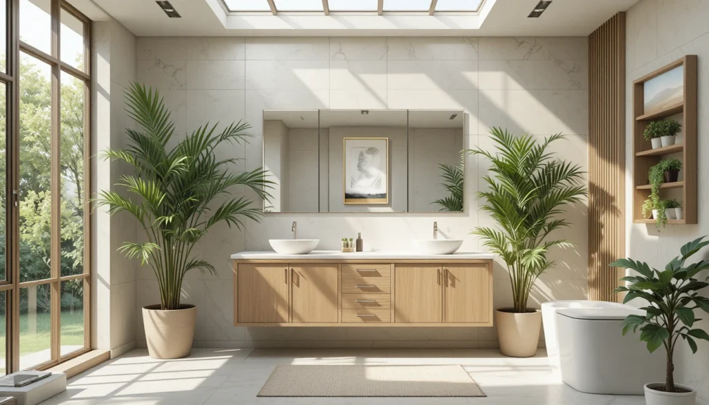 Fresh hyper realistic apartment bathroom with plants and wood accents.