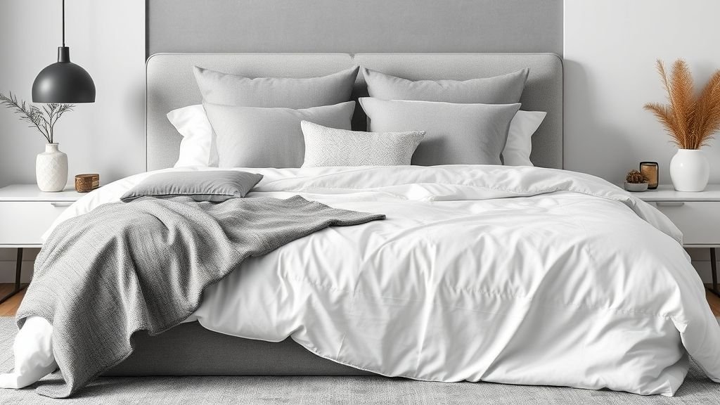 Grey Bedroom Decor Ideas 3 Grey and white bedding styled for fresh bedroom elegance.