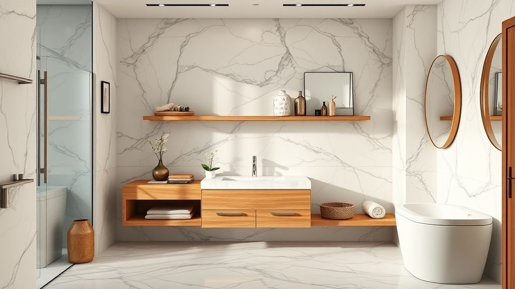 Luxury Bathroom Design with Marble Elegance 7 Luxury bathroom with marble and wooden elements for warmth and style.