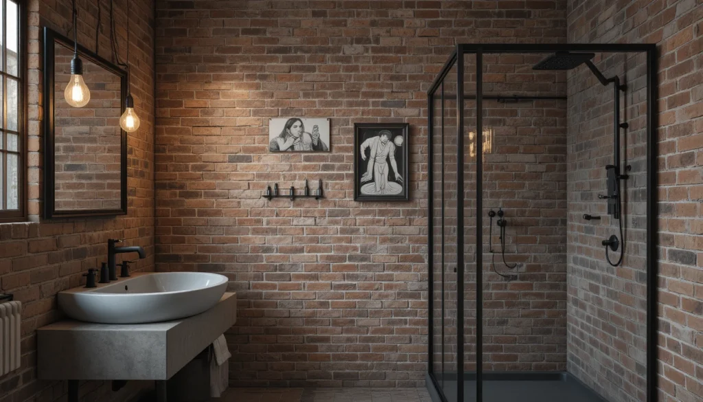 Industrial style hyper realistic apartment bathroom with brick wall and black frame shower.