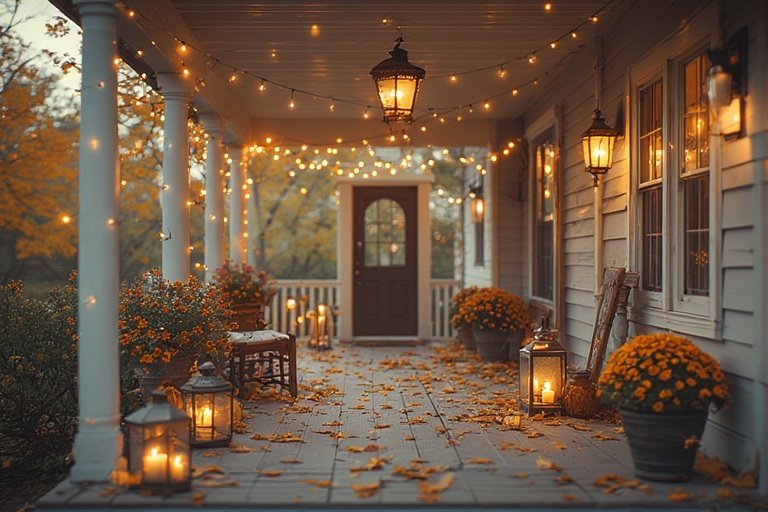 Cozy Halloween Porch with Ghost Lanterns and Pumpkins 5 Layered porch lighting with lanterns, string lights, and candles for a warm autumn glow.