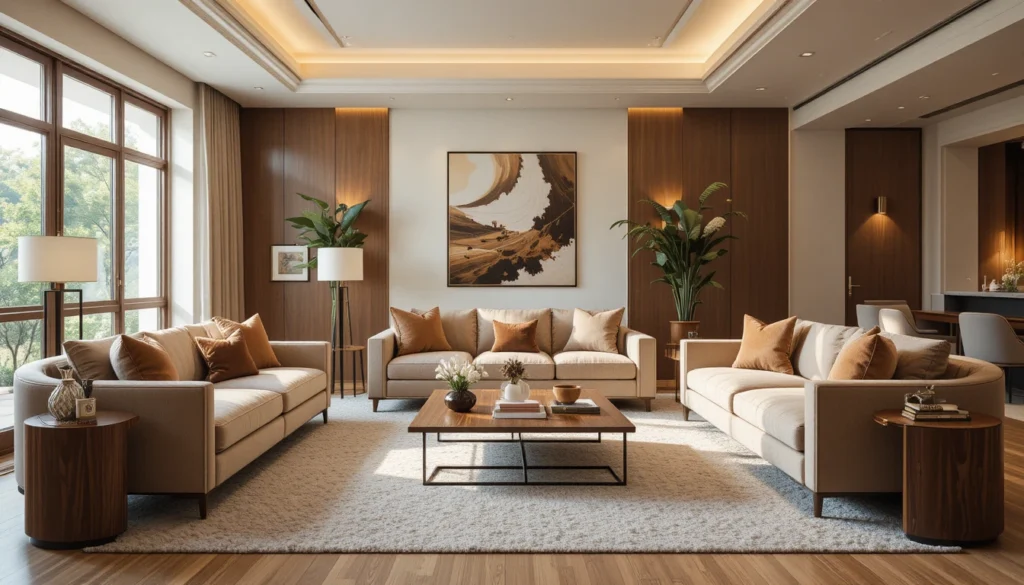 Furniture Choices That Maximize Comfort and Style 2 Modern living room with plush sofas and armchairs, showcasing stylish and cozy seating options.
