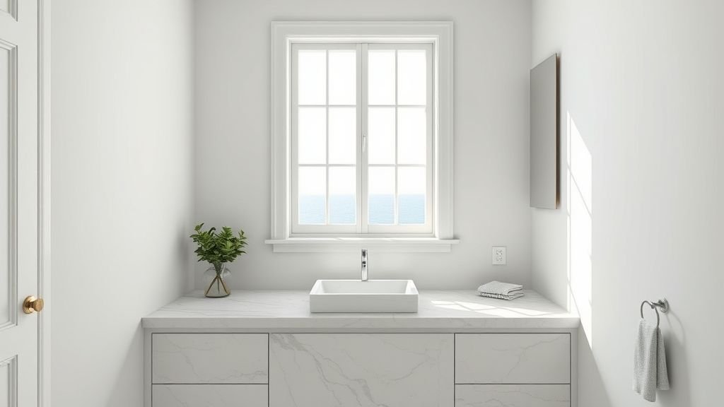 Luxury Bathroom Design with Marble Elegance 6 Luxury bathroom design with marble elegance featuring white marble walls, gold fixtures, and a freestanding bathtub in a serene setting.