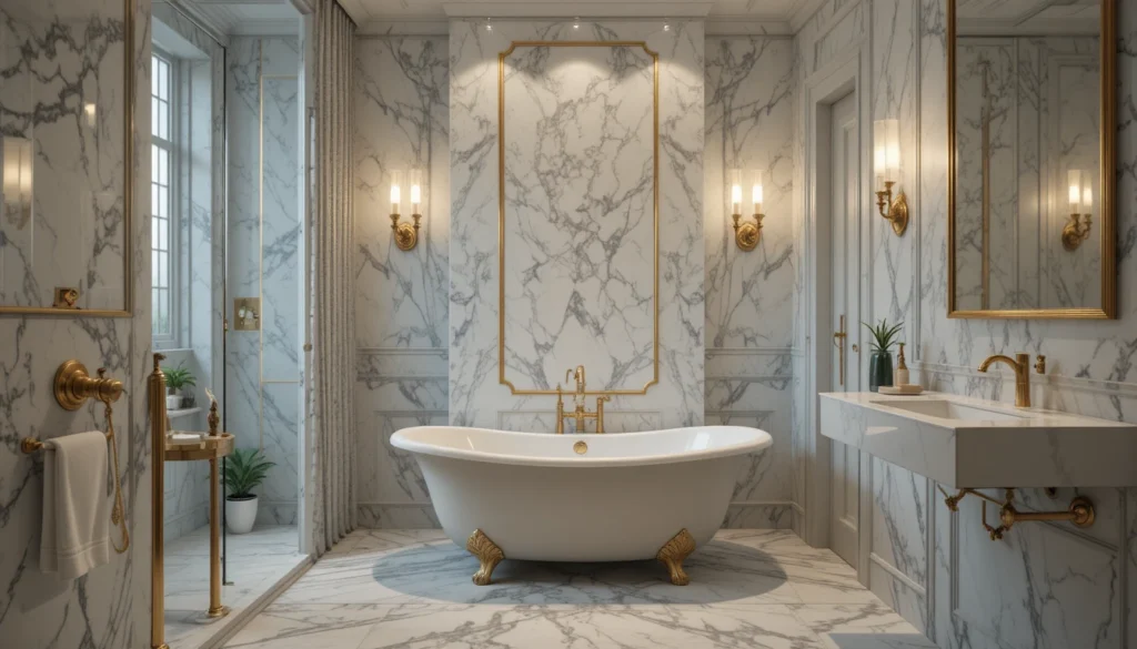 Small hyper realistic luxury bathroom with marble and gold accents.