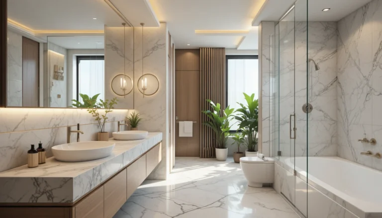 Hyper realistic luxury apartment bathroom with marble vanity and glass shower.