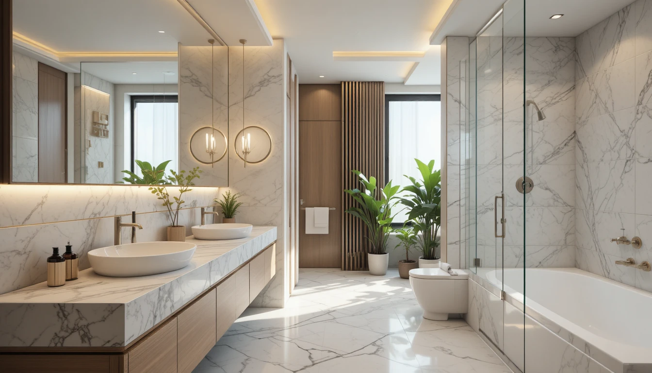 Hyper realistic luxury apartment bathroom with marble vanity and glass shower.