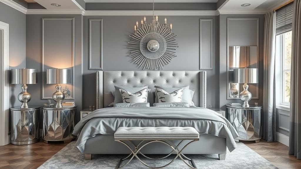 Grey Bedroom Decor Ideas 7 Metallic touches in grey bedroom decor for modern glam style.