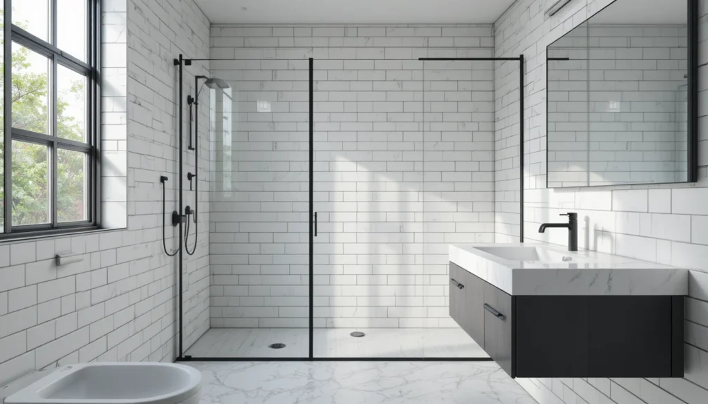 Hyper realistic modern minimalist bathroom with subway tiles and black fixtures.
