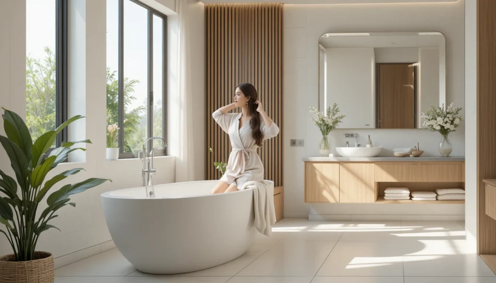 Apartment Bathroom Ideas: Stylish & Space-Saving Inspiration 3 Modern apartment bathroom with a freestanding tub, floating vanity, and a woman in a bathrobe tying her hair.