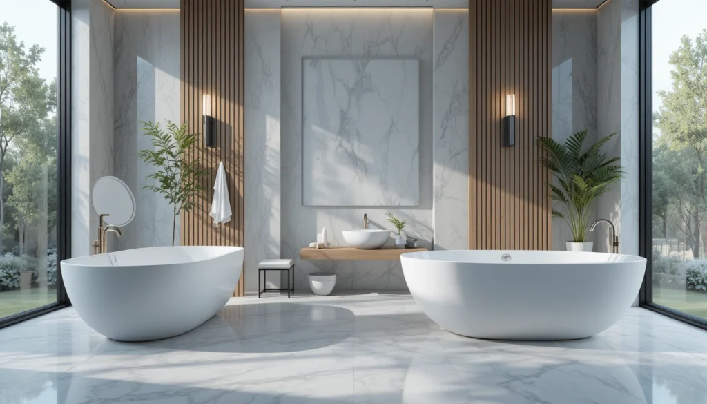 Luxury Bathroom & Shower Design Ideas 2 Bathroom with a modern freestanding bathtub, minimalist style, and natural light.