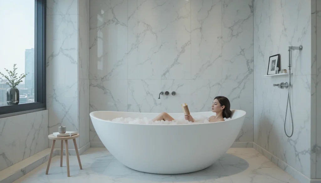 Apartment Bathroom Ideas: Stylish & Space-Saving Inspiration 7 Modern minimalist apartment bathroom with freestanding tub, marble walls, and a woman relaxing in the bubble bath with a book.