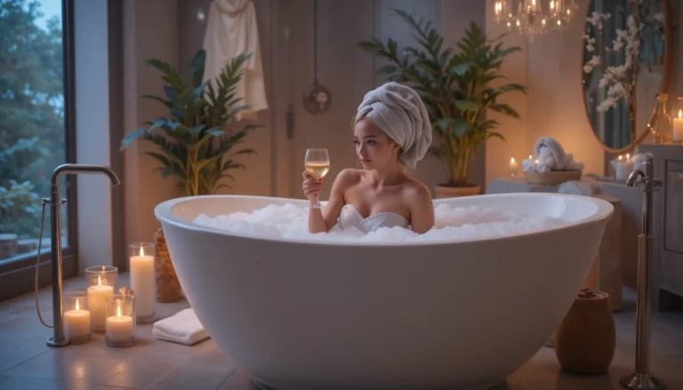 Modern minimalist apartment bathroom with freestanding tub, marble walls, and a woman relaxing in the bubble bath.