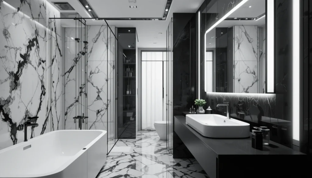 Hyper realistic monochrome bathroom with geometric black and white tiles.