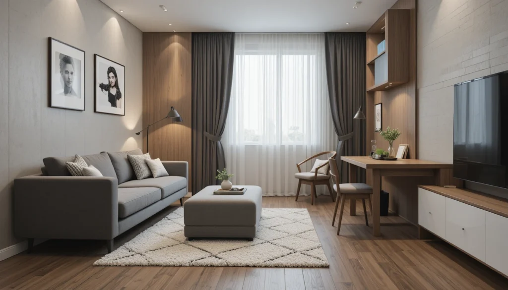 Furniture Choices That Maximize Comfort and Style 3 Compact apartment with multi-functional furniture including a sofa bed, storage ottoman, and extendable dining table.