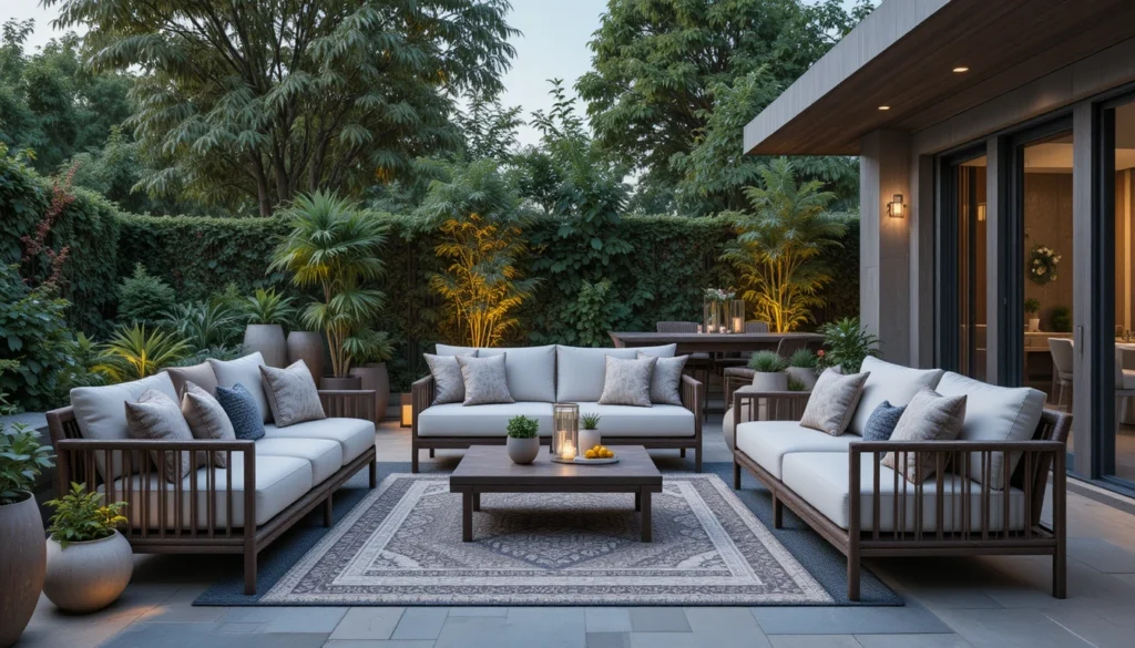 Furniture Choices That Maximize Comfort and Style 7 Patio with stylish outdoor furniture, featuring cozy seating and a modern dining set under warm lighting.