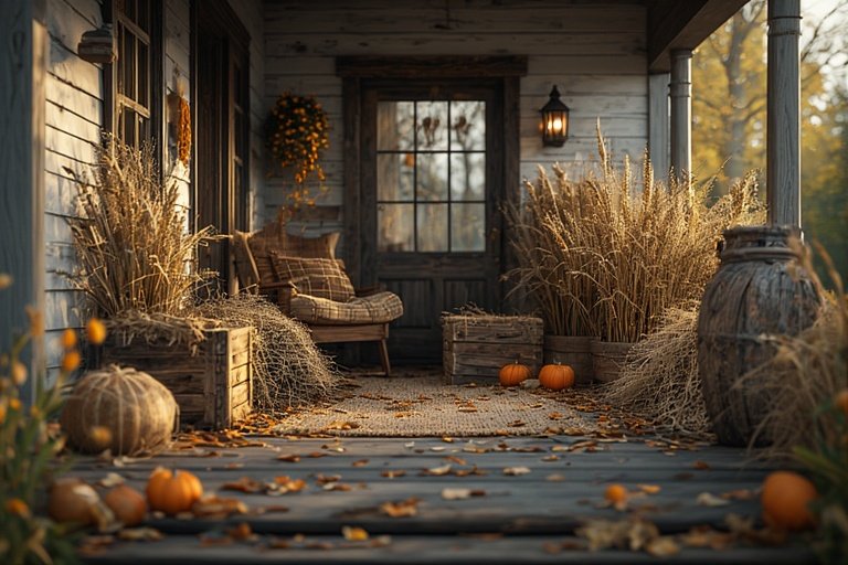 Cozy Halloween Porch with Ghost Lanterns and Pumpkins 7 Rustic porch accents with wooden crates, hay bales, and natural autumn touches