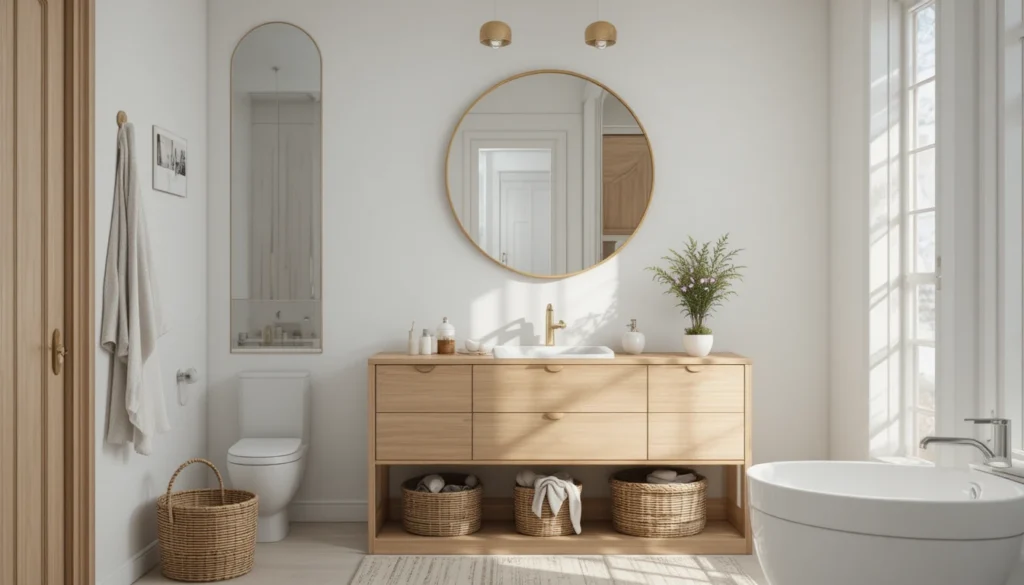 Scandinavian hyper realistic apartment bathroom with wood accents and white walls.