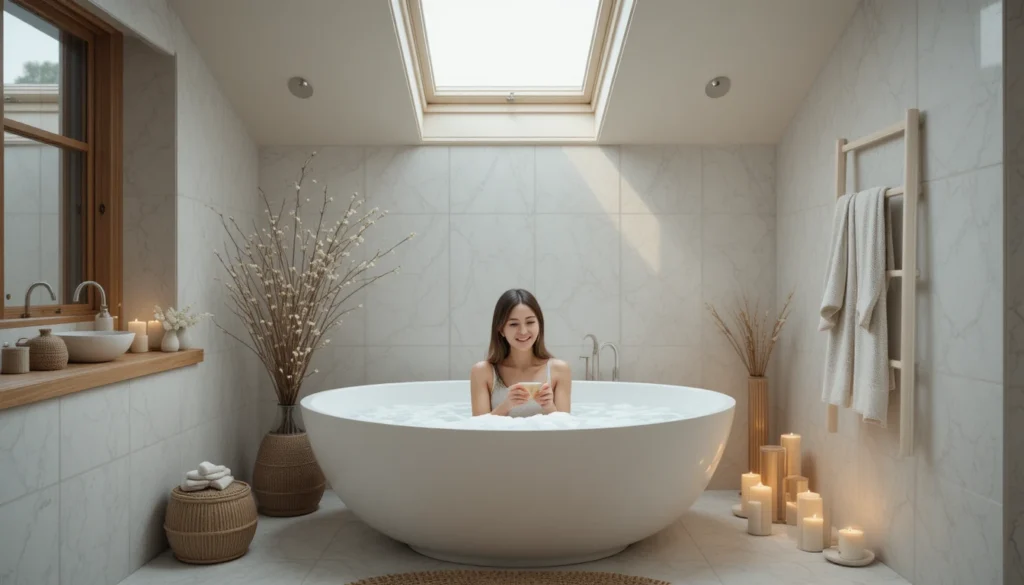 Apartment Bathroom Ideas: Stylish & Space-Saving Inspiration 6 Scandinavian-style apartment bathroom with soaking tub, skylight, and a woman sitting in a bubble bath holding a cup of tea.