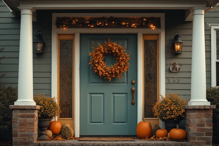 Cozy Halloween Porch with Ghost Lanterns and Pumpkins 6 A front door with seasonal wreaths and festive autumn door décor.