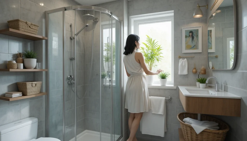 Apartment Bathroom Ideas: Stylish & Space-Saving Inspiration 5 Small apartment bathroom with light tiles, shelves, and a woman placing a plant on the windowsill.