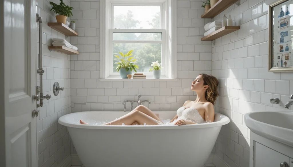 Apartment Bathroom Ideas: Stylish & Space-Saving Inspiration 2 Small apartment bathroom with subway tiles, corner tub, and a woman sitting in a bubble bath.