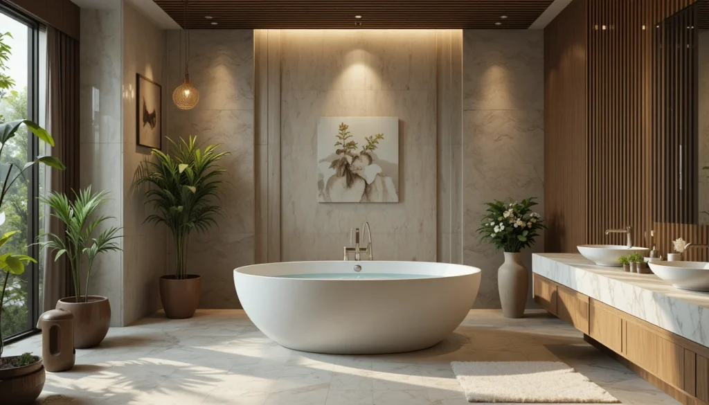 Luxury Bathroom & Shower Design Ideas 8 Bathroom with spa-inspired design featuring a soaking tub, wood accents, and greenery.