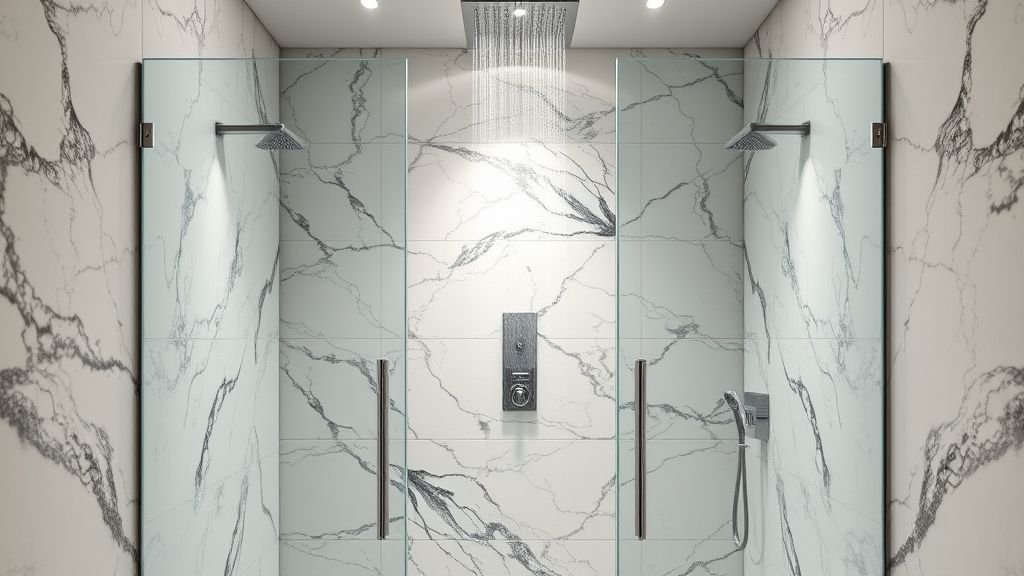 Luxury Bathroom Design with Marble Elegance 9 Spa-like marble shower with rainfall showerhead and glass enclosure.