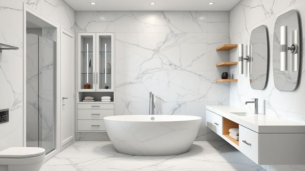 Luxury Bathroom Design with Marble Elegance 11 Luxury bathroom storage with built-in cabinets and functional marble design.