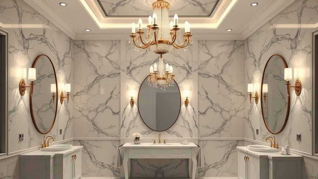 Luxury Bathroom Design with Marble Elegance 4 Elegant luxury bathroom lighting with chandeliers, sconces, and ambient glow.